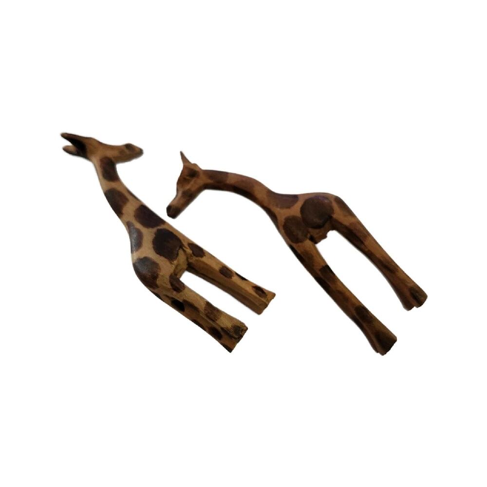 Vintage Wood Carved Giraffe Brooch, Set of 2, 3.5" Tall